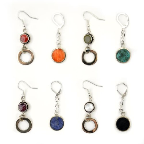 A picture of a bunch of different allure earrings, there colors are, red, orange, grey, turquoise, purple, blue, white, and black.