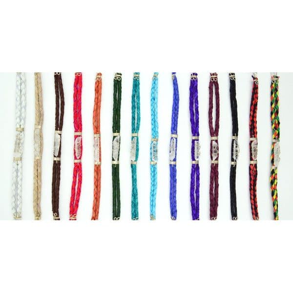 A picture of all the different colors that the quartz bracelet comes in, white, tan, brown, red, orange, green, turquoise, light blue, blue, purple, brown, black, black/red, and multi.