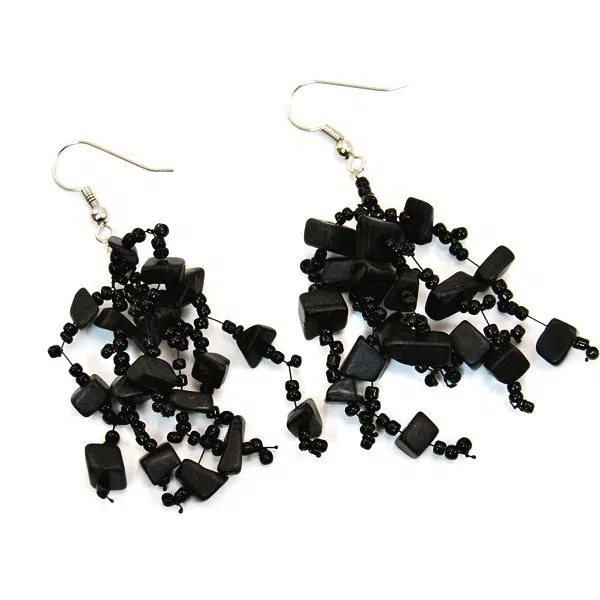 A close up picture of the black abundant stone earrings.