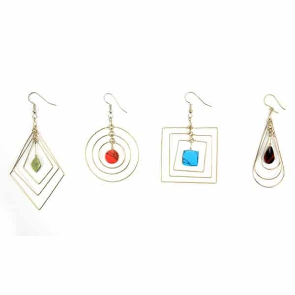 A picture of four different suspended form earrings, the colors in this picture are, green, red, turquoise, and black.