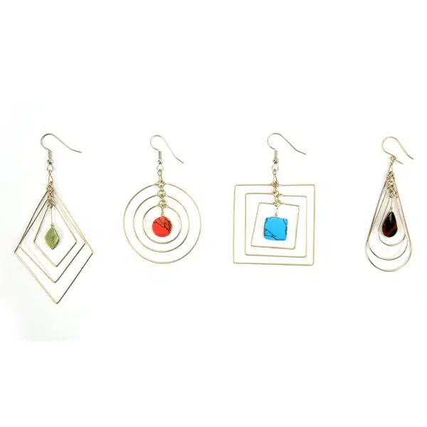 A picture of four different suspended form earrings, the colors in this picture are, green, red, turquoise, and black.