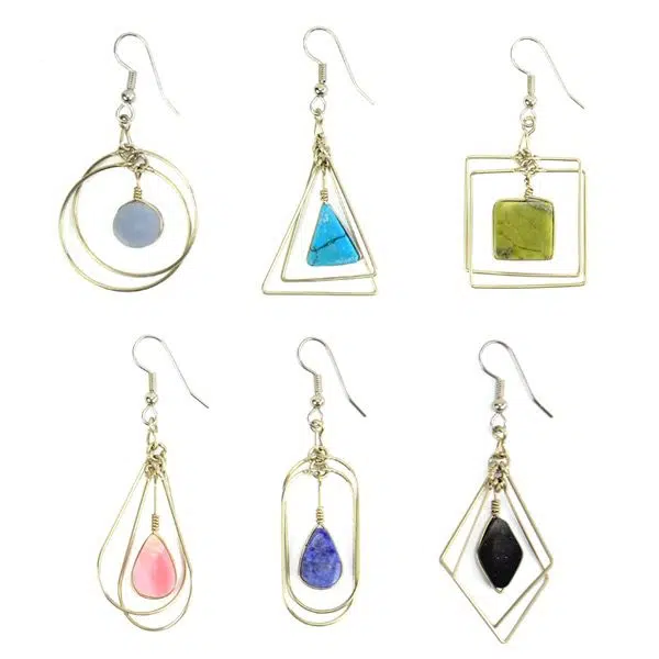 A picture of six different suspended form earrings, the colors in this picture are, light blue, turquoise, green, pink, purple, and black.