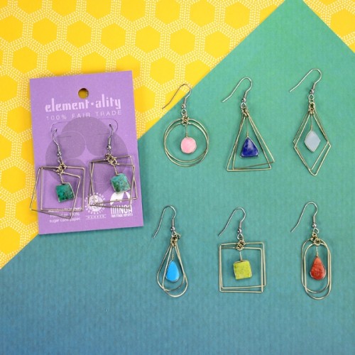 A picture of six suspended form earrings, the colors in this picture are, pink, blue, light blue, turquoise, green, and red.