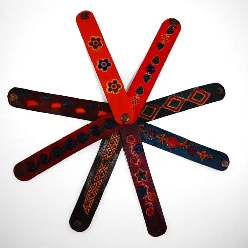 8 different stamped leather bracelets, comes in a verity of colors and styles, those colors are, red, dark red, dark blue, and black.