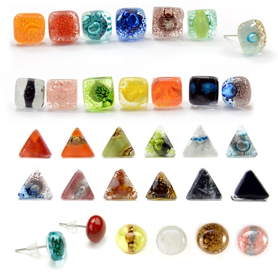 A picture of all the different art glass stud earrings.