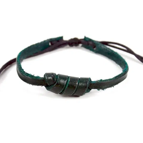 A close up of the leather knot bracelet, comes in a verity of colors, the color of this bracelet is turquoise
