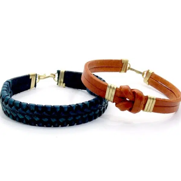 A close up of the leather knot bracelet, comes in a verity of colors, the color of these bracelets are blue and brown