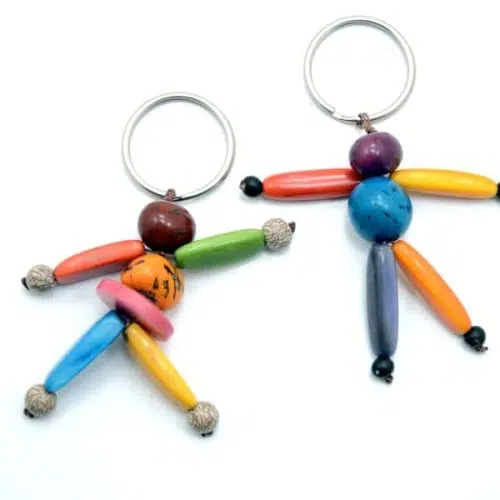 A keychain that looks like a man or a women, they have colored sticks as arms, legs, head, and torso.