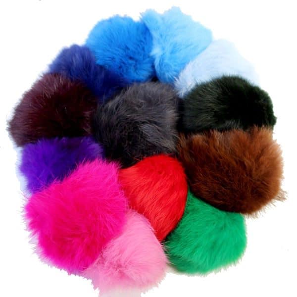 different colors of the rabbit fur pom pom, colors shown here are, grey, black, brown, green, red, pink, magenta, purple, violet, dark blue, blue, light blue, sky blue