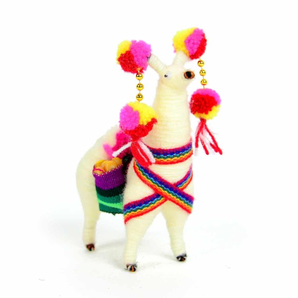 A medium size festival llama, wearing traditional Peruvian festive