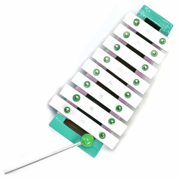 A close up of the turquoise xylophone