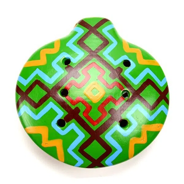 Green Ceramic Ocarina with geometric design.