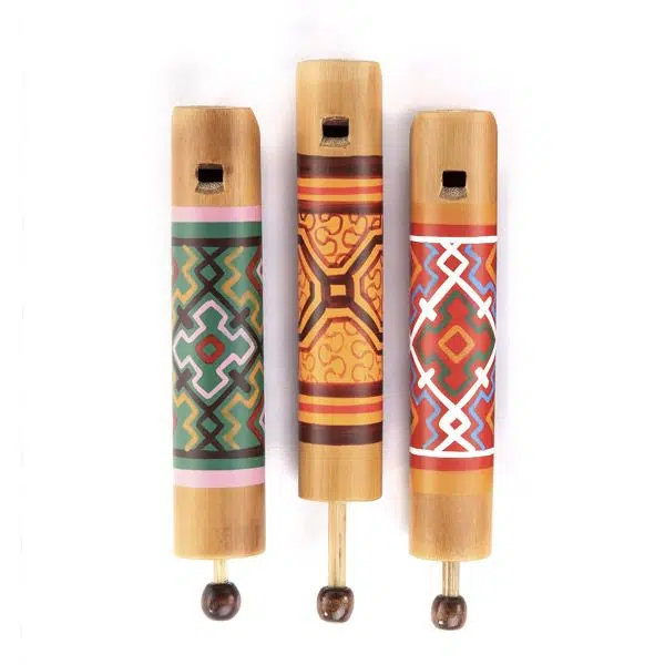 Shipibo Style Artisan Slide Flute with trbal and geometric patterns
