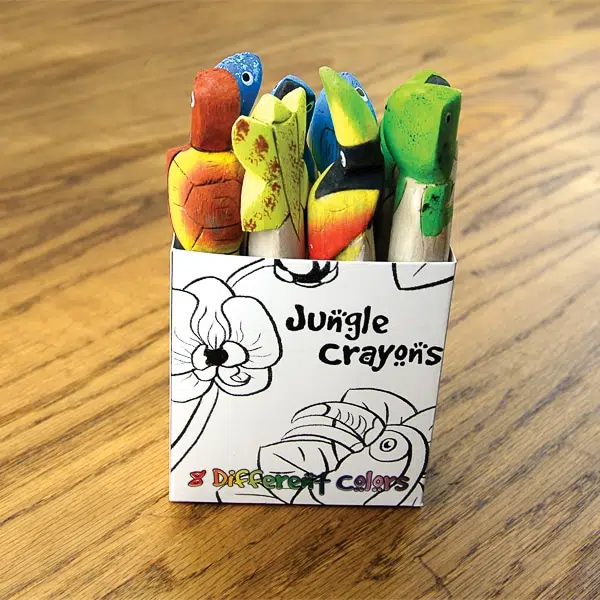 Boxed Balsa Crayon Bundle with different hand-carved and painted tropical animals