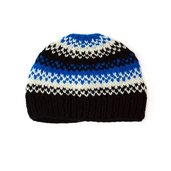 close up of the pixel hat showing the color and the design, this pixel hat has blue, black, and white