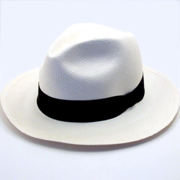A white straw hat with a fedora style brim