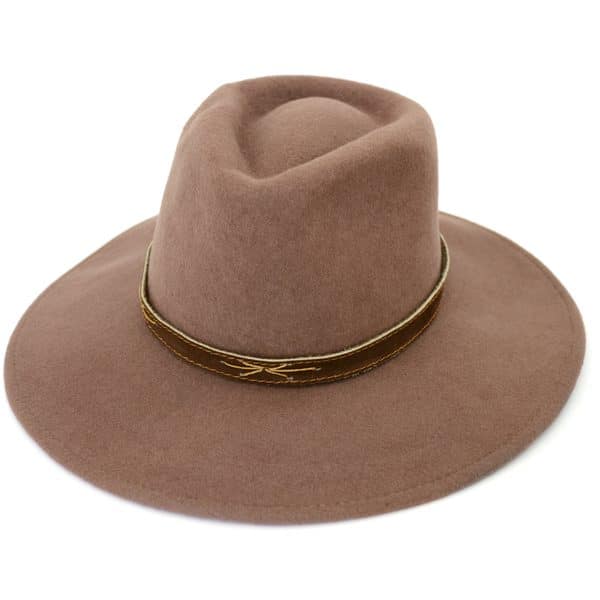 A close up of the wool aussie hat showing the different colors and design, this is the color light brown