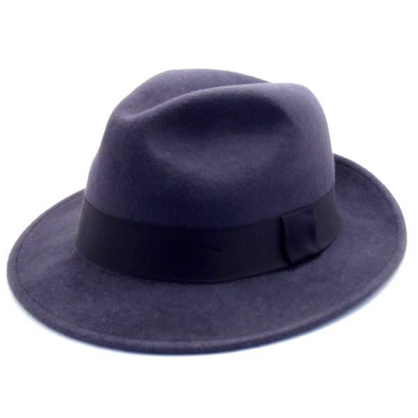 A close up of the wool fedora, the color of this fedora is blue