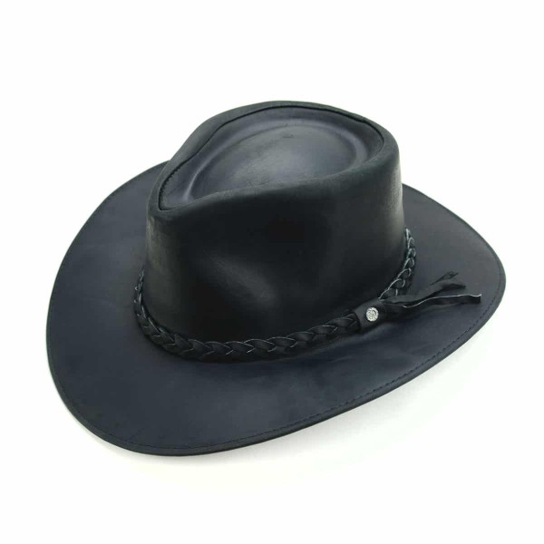 A close up of the leather hat, the color is black