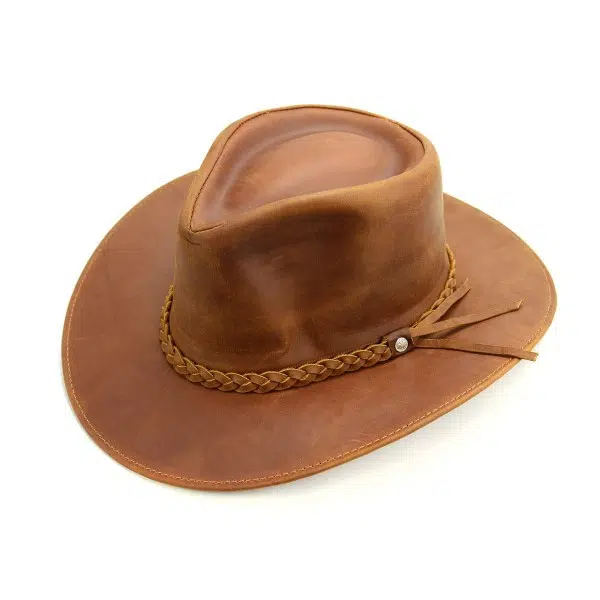 close up of the leather hat in the color of brown