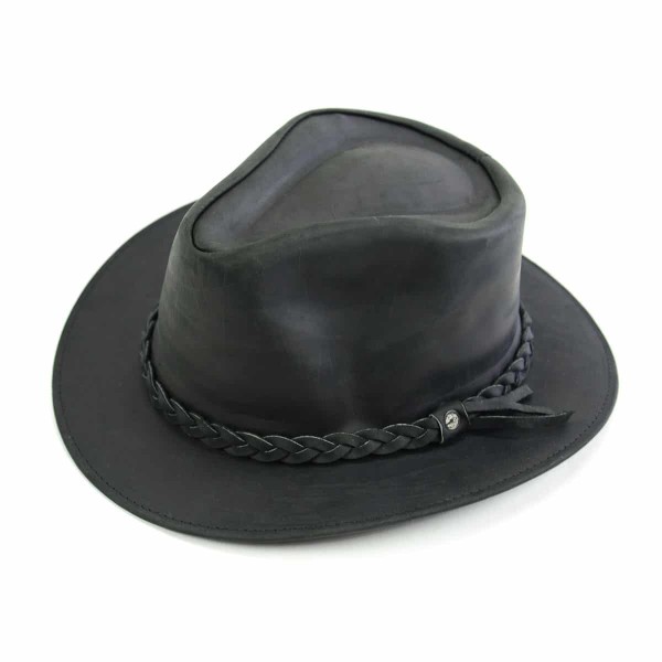 close up of the leather hat in the color of black