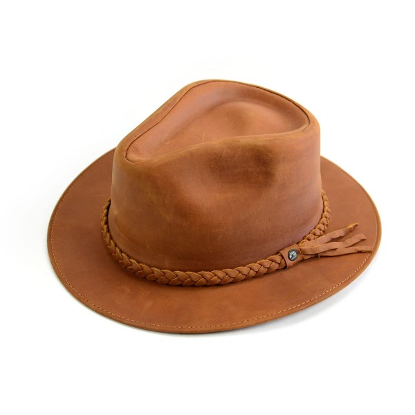 A close up of the leather hat, the color is brown