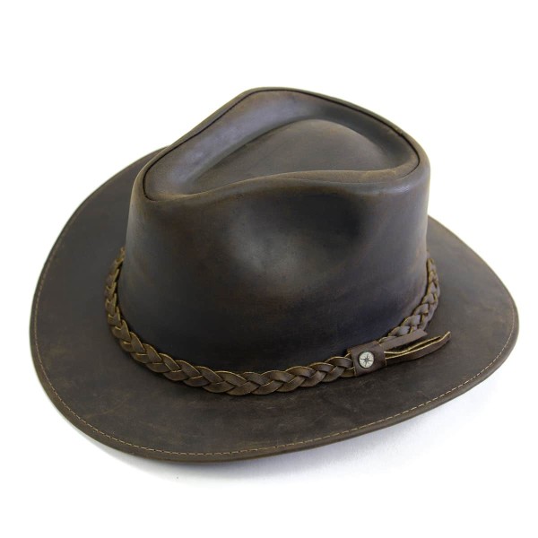 close up of the leather hat in the color of dark brown