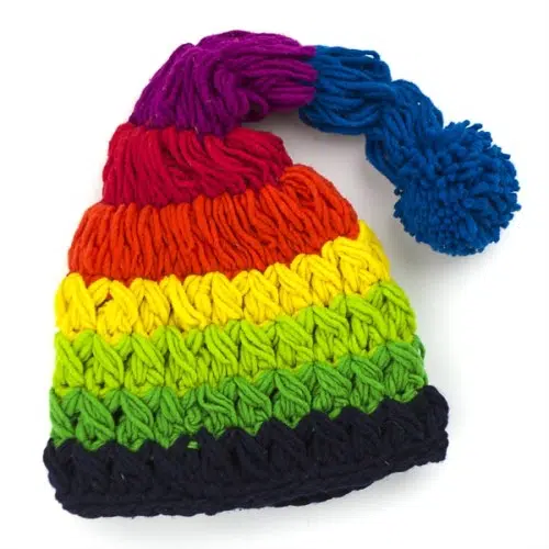 Bright rainbow colors, bigger stitching makes this hat look different from others
