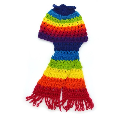 colorful rainbow knit hat, this hat is meant to wrap around your neck to help keep your neck warm