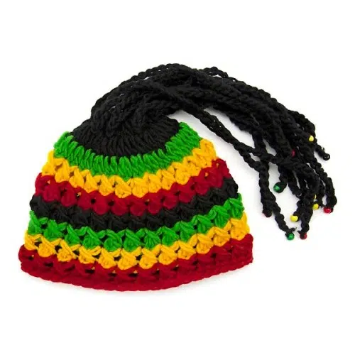 A hat that has a bunch of yarn coming out the top to make the hat have dreads