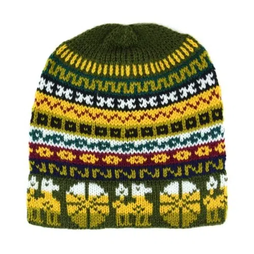 A hat with a bunch of different colors and designs