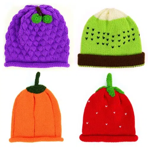 A bunch of different hat, this shows the grape, kiwi, pumpkin, and the watermelon