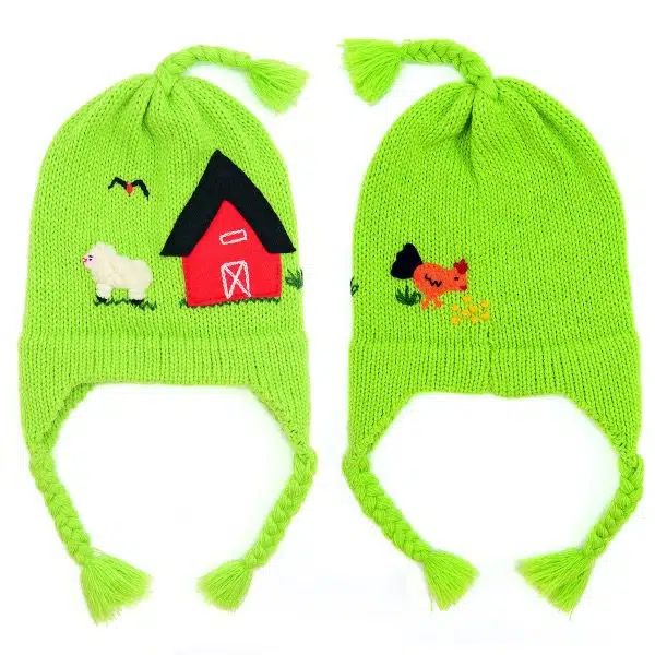 Lime green hat, with a farm on the front of the hat with small earflaps on the side to keep your ears warm