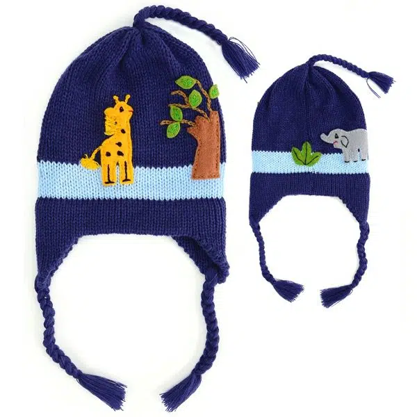 dark blue hat with a light blue strip in the middle. showing off the jungle with a giraffe and an elephant on it