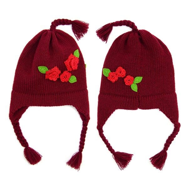 Dark red hat with bright re flowers