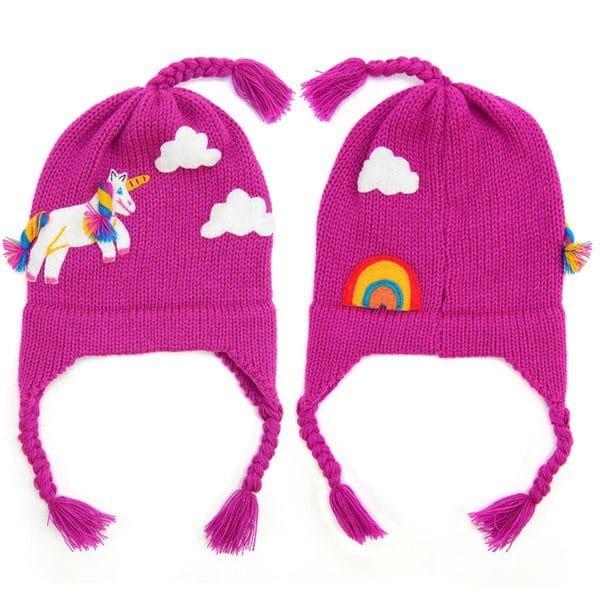 Magenta colored hat with a unicorn on the front of the hat and a rainbow on the back