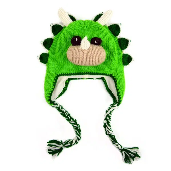 A bright green hat that looks like a triceratops