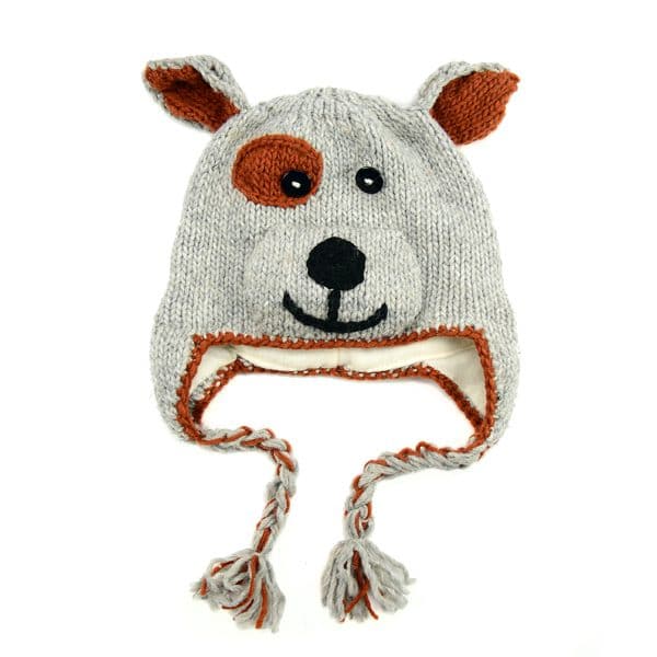 Grey hat with brown accents, this hat has a dog face in the middle of it