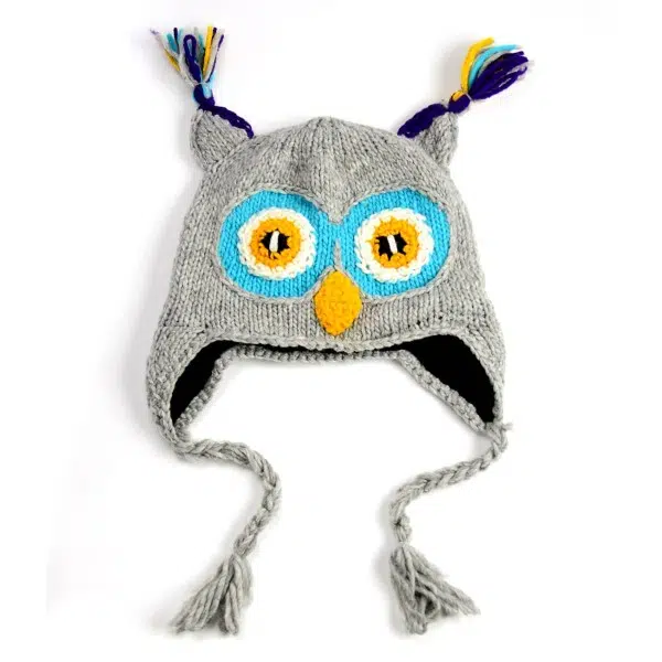 grey and blue hat, that looks like an owl