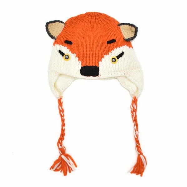Orange and white hat with a fox face on it, and has ears on the side