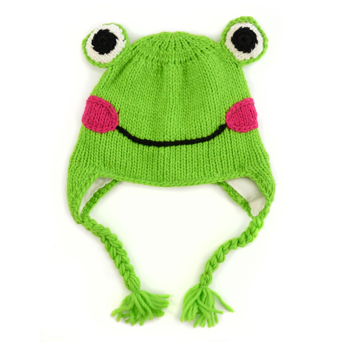 Green hat with a frog face and eyes on the top of the hat