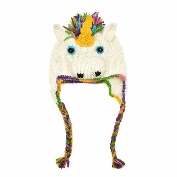 white and multi colored hat that looks like and unicorn, also has a unicorn horn