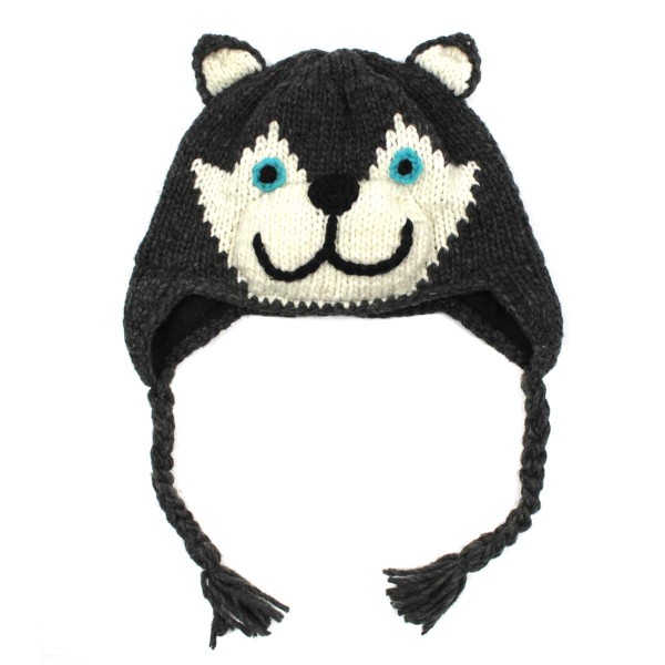 Black and white hat that has a wolf face with wolf ears on top of it