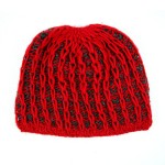 close up of the adult web hat, showing how the hat has been stitch and color. the color for this hat is red and black