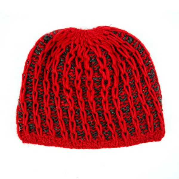 close up of the adult web hat, showing how the hat has been stitch and color. the color for this hat is red and black