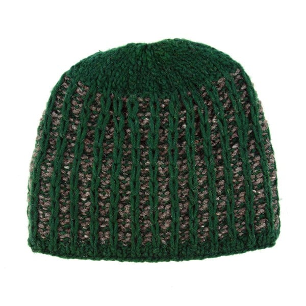 close up of the adult web hat, showing how the hat has been stitch and color. the color for this hat is green and grey