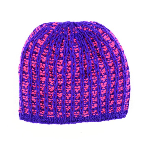 close up of the adult web hat, showing how the hat has been stitch and color. the color for this hat is purple and pink