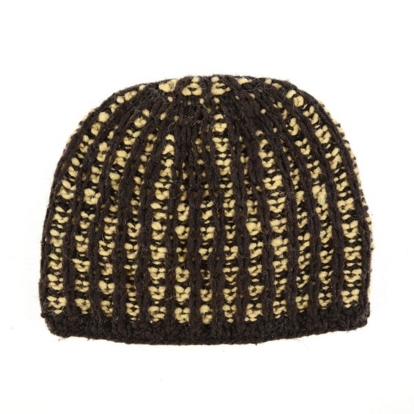 close up of the adult web hat, showing how the hat has been stitch and color. the color for this hat is brown and gold