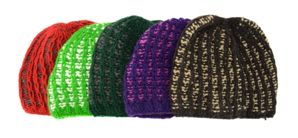 close up of a bunch of different colored adult web hats, the colors are, red and grey, green and white, dark green and grey, purple and pink, and brown and light brown