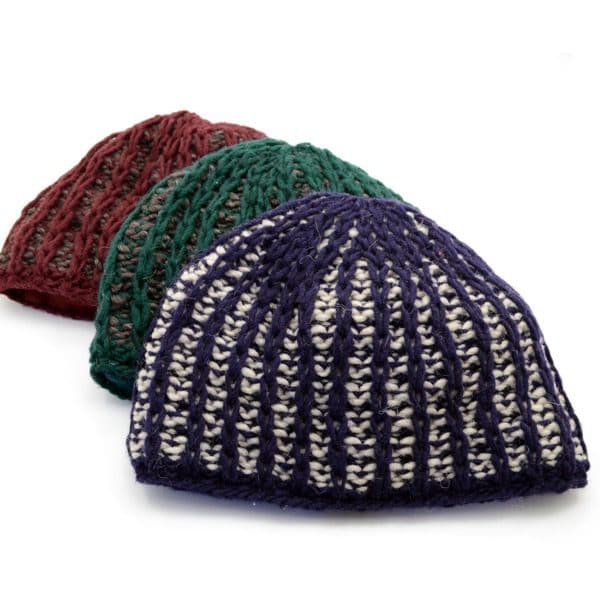 close up of three adult web hats, showing there colors and designs . there colors are dark red and brown, dark green and grey, purple and white.